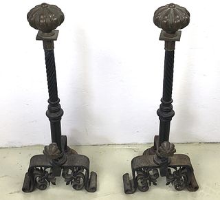A Pair of Bronze & Wrought Iron Andirons