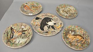 Group of five gien French Rambouillet hunting plates to include a rare cake plate with dog (lg. 13"), pheasant dinner plate, two rab...