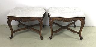 PR of Louis XV Style Walnut Marble Top Side Tables