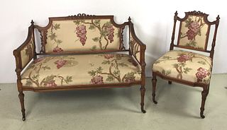 Louis XVI Style Walnut Upholstered Settee & Chair