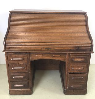 Oak Raised Panel Roll Top Desk With Chair