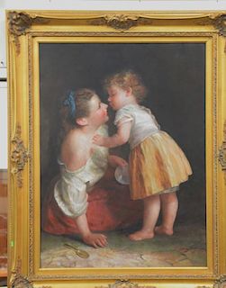 Haley, oil on canvas of young girl with mother signed lower right Haley, 20th century, 40" x 30".