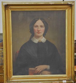 Framed Victorian oil on canvas bust of a woman holding a book, 30" x 25".