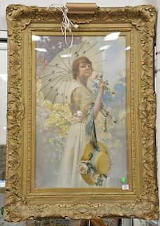 Highlighted chromolithograph of a woman holding parasol, 38" x 24".