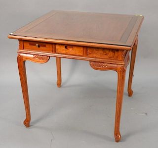 Oriental style Rosewood game table with glass top, pull out cup holders and drawers, ht. 32", top: 34 1/2" x 34 1/2".