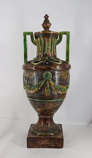 Monumental Majolica/ Glazed Terracotta Lidded Urn