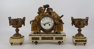 Antique French Bronze & Marble Clock Garniture Set