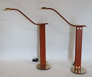 A Pair Of Italian Leather & Brass Floor Lamps