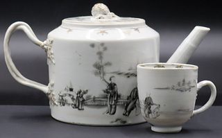 Chinese Grisaille Teapot and Tea Cup.