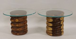 A Vintage & Near Pair Of Wood Base Side Tables.