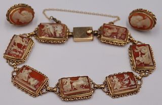 JEWELRY. 3 Pc. 14kt Gold and Carved Cameo Jewelry.