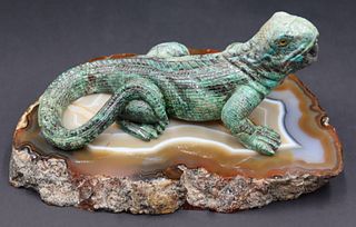 Carved Specimen of a Lizard on an Agate Base.