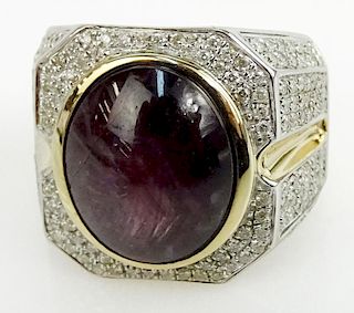 AIG Certified Men's 18.60 Carat Natural Unheated Star Ruby, 1.49 Carat Round Brilliant Cut Diamond and 14 Karat Yellow Gold Ring. 6 to accompany this 