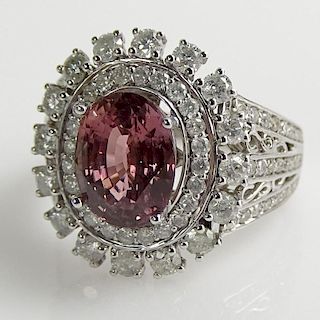 Rare GIA and AIG Certified Natural Unheated 3.44 Carat Oval Step Cut Pink Sapphire, 1.31 carat Round Brilliant Cut Diamond and 14 Karat White Gold Rin