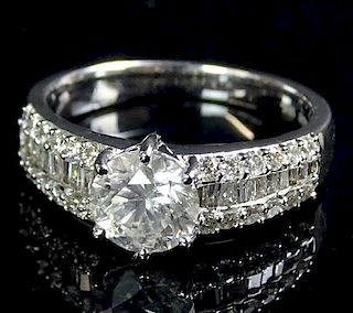 AIG Certified 1.85 Carat Diamond and 18 Karat White Gold Engagement Ring set in the center with a 1.23 Carat Round Brilliant Cut Diamond and accented 