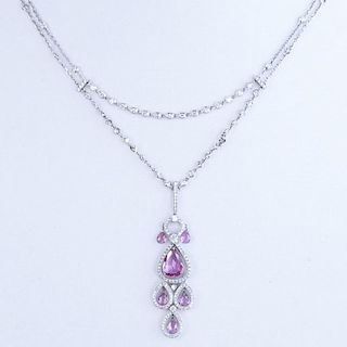Delicate Approx. 4.25 Carat Pink Sapphire, 3.0 Carat Round Brilliant Cut Diamond and 18 Karat White Gold Necklace.