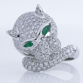 Cartier style Approx. 4.50 Carat Micro Pave Set Round Brilliant Cut Diamond and 18 Karat White Gold Panther Ring with Emerald Eyes.