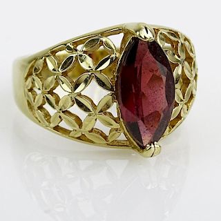 Retro Beverly Hills Gold 14K Yellow Gold and Garnet Ring. Signed. Good condition. Ring size 8. Weighs approx. 2.95 pennyweights. Shipping $25.00 (esti
