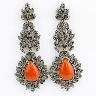 AIG Certified 7.44 Carat Red Coral, 4.19 Carat Single Cut Diamond and 14 Karat Yellow Gold Chandelier Earrings