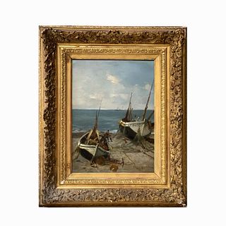 Gaston Roullet (1847-1925) "Harbor" Oil on Canvas
