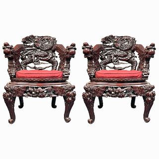 Pair of chinese carved dragon throne chairs