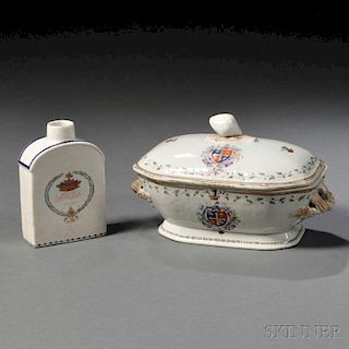 Chinese Export Armorial Covered Tureen and Tea Caddy