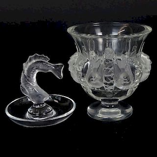 Two Pieces Lalique Art Glass. Includes "Goujon" ring tray, "Dampierre" Vase 5".