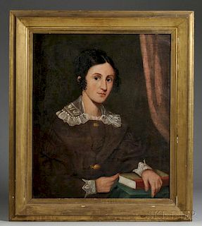 American School, 19th Century      Portrait of a Woman in a Brown Dress Holding a Book.