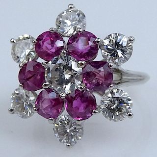 Fine Quality Approx. 2.10 Carat Burmese Ruby, 3.10 Carat Round Brilliant Cut Diamond and 14 Karat White Gold Starburst Ring.