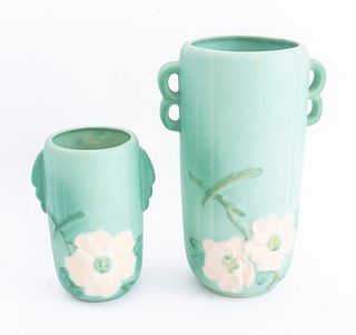 Weller Pottery Wild Rose Tall Vases, Two