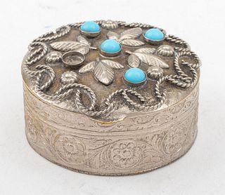 Turquoise-Mounted Peruvian Silver Filigree Pillbox
