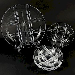 Seven (7) Piece Tiffany & Co Crystal Salad/Dessert Service Including Serving Plate and Six (6) Salad/Dessert Plates in the Tartan Plaid Pattern.