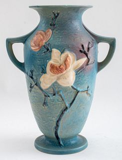 Roseville Blue Magnolia Ceramic Handled Vase