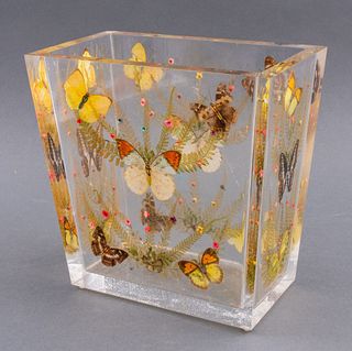 Vintage Lucite Vase with Butterflies and Flowers