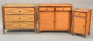 Three piece rattan lot including a chest (ht. 32", wd. 36"), a cabinet, and a night table.