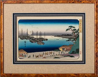 Harbor under Full Moon Japanese Woodblock Print