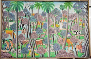 Two Haitian Jungle paintings including an oil on board landscape with zebras, lions, elephants, and other wild animals...