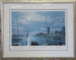 John Stobart (1929) lithograph "Harbourtown by Moonlight" signed lower right John Stobart, 594/750, ss 21" x 29". Property from Cr...