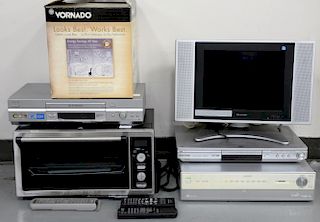 Group of electronics to include Sharp TV, DeLonghi toaster oven, Sony XBR panasonic DVD, and Vornado fan.