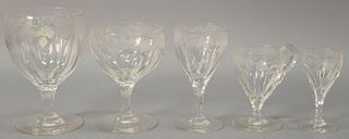 Large set of etched stemmed glasses in five sizes, 43 total, ht. 3 3/4", 4", 4 3/4", 5", & 5 1/2".