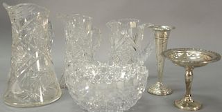 Six piece group to include three cut glass pitchers, cut glass bowl (dia. 9") and two sterling weighted compotes (ht. 6" & 8").