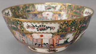 Large Rose Medallion porcelain punch bowl, 20th century along with reproduction brass adjustable slide lamp. ht. 7", dia. 16 1/2".