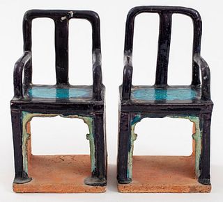 Chinese Glazed Pottery Models of Tomb Chairs, Pair