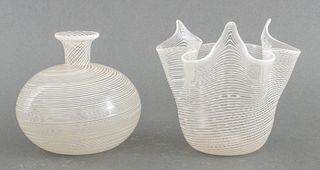 Murano White-Striped Art Glass Vase & Jar, 2