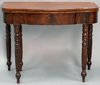 Sheraton mahogany game table with spiral turned legs, ht. 29", top: 19" x 36".