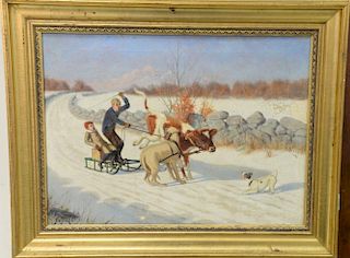 Sidney Brackett (1852-1910) oil on canvas wintertime sledding signed lower left Sid Bracket, 18" x 24".