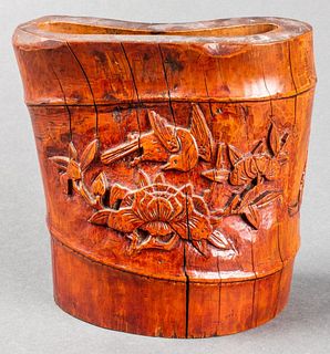 Chinese Relief Carved Bitong Brush Pot