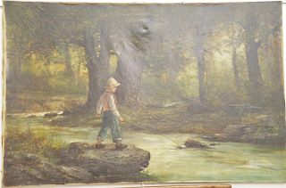 H. Hardwick 19th century oil on canvas of young boy fishing signed lower left H. H. Hardwick, 26" x 40".