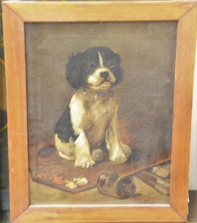 Federal gilt two part mirror with carved flower top and a small oil on canvas of a puppy.