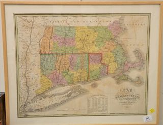Samuel Augustus Mitchell (1792-1868) map of Massachusetts Connecticut and Rhode Island 1825, sight size 17" x 22".